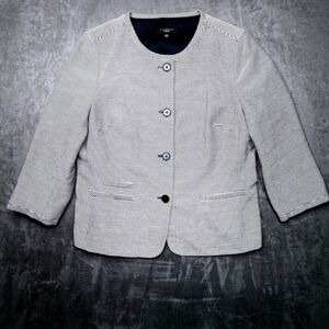 Talbots Blazer Womens 16 Navy Blue White Striped Collarless 3/4 Sleeve Jacket